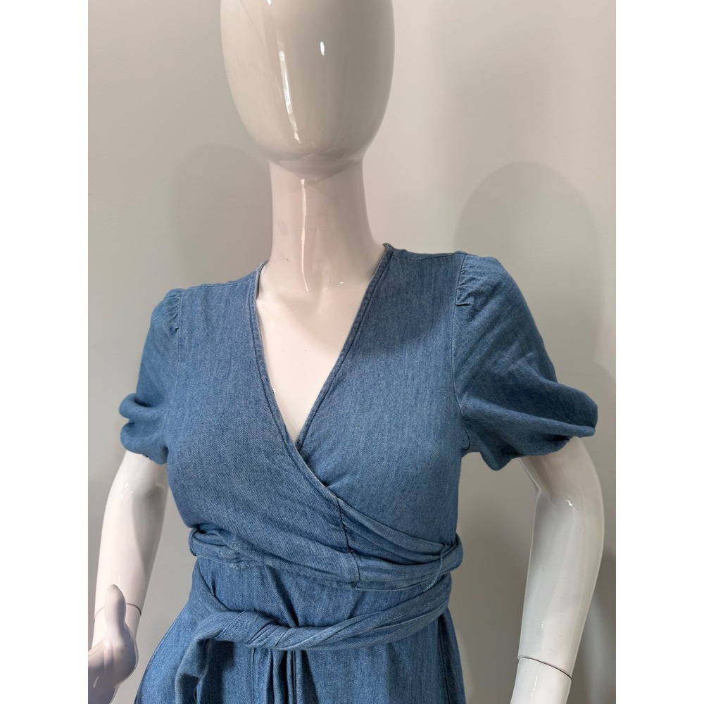 Old Navy Chambray Wrap Midi Dress Blue Puff Sleeve Tie Waist 100% Cotton size S - Picture 7 of 11